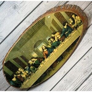 Vintage The Last Supper Print Rustic Art on Wood Slice 8x17 Jesus Catholic